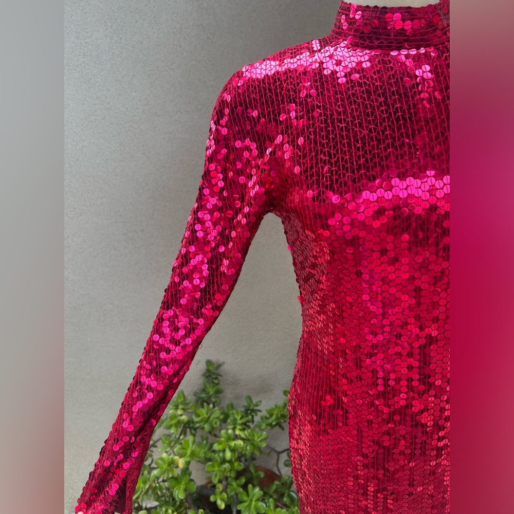 Vintage Disco Dress Ruby Red Sequins Keyhole Back… - image 5
